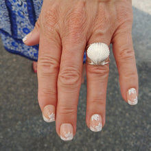 Load image into Gallery viewer, large scallop shell ring with open band on model by hkm jewelry