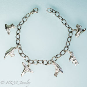 silver shark tooth bracelet with fossilized sharks teeth by hkm jewelry