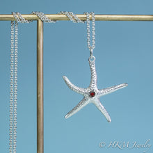 Load image into Gallery viewer, silver starfish necklace with garnet gemstone January birthstone by HKM Jewelry
