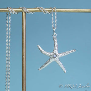 silver starfish necklace with moonstone gemstone June birthstone by HKM Jewelry