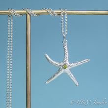 Load image into Gallery viewer, silver starfish necklace with peridot gemstone August birthstone by HKM Jewelry

