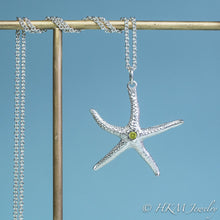 Load image into Gallery viewer, silver starfish necklace with peridot gemstone August birthstone by HKM Jewelry