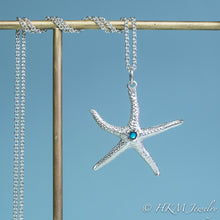 Load image into Gallery viewer, silver starfish necklace with turquoise gemstone December birthstone by HKM Jewelry
