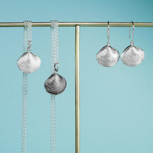 Load image into Gallery viewer, silver cast venus clam shell necklaces in polished or oxidized finish with matching earrings by hkm jewelry
