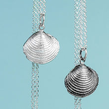 Load image into Gallery viewer, silver cast venus clam shell necklaces in polished or oxidized finish by hkm jewelry
