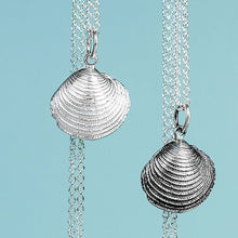 Load image into Gallery viewer, silver cast venus clam shell necklaces in polished or oxidized finish by hkm jewelry