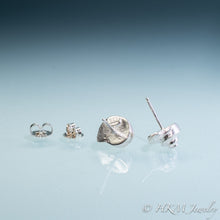 Load image into Gallery viewer, Side and Back view of the Channeled Whelk Top Studs in sterling silver with Biggie Ear Nut Backs by Hali MacLaren of HKM Jewelry on blue ombre background.