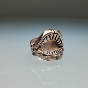 hand carved and cast Shark Jaws Ring Band in recycled sterling silver side view in oxidized bronze finish by hkm jewelry