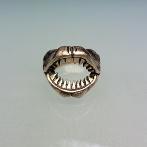 hand carved and cast Shark Jaws Ring Band in bronze front side view in oxidized finish by hkm jewelry