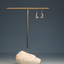 Load image into Gallery viewer, A pair of silver branch-shaped dangle earrings hanging from a gold T-bar jewelry display stand, which is placed on a white coral shell against a dark gray background.
