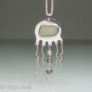 Aqua Sea Glass Jellyfish Necklace - Semi Precious Ocean Creature