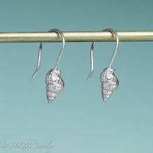 Load image into Gallery viewer, Threeline Mud Snail shell drop earrings in recycled silver by hkm jewelry
