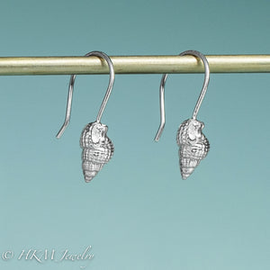 Threeline Mud Snail shell drop earrings in recycled silver by hkm jewelry