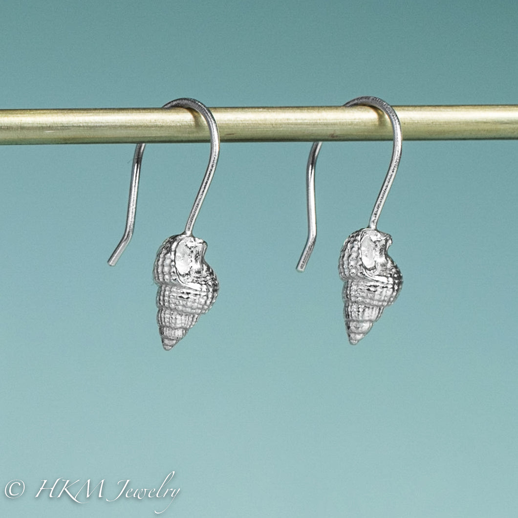 Threeline Mud Snail shell drop earrings in recycled silver by hkm jewelry