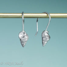 Load image into Gallery viewer, Threeline Mud Snail shell drop earrings in recycled silver by hkm jewelry
