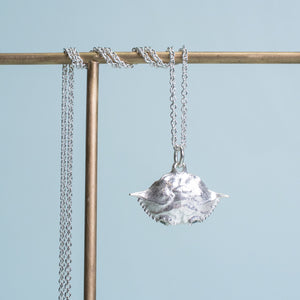 baby blue crab carapace necklace in polished sterling silver by hali maclaren of hkm jewelry