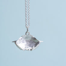 Load image into Gallery viewer, back underside view of baby blue crab carapace necklace in polished sterling silver by hali maclaren of hkm jewelry
