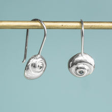 Load image into Gallery viewer, Silver spiral earrings on a gold rod against a light blue background
