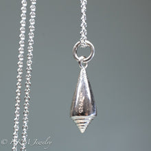 Load image into Gallery viewer, side view of florida cone snail necklace with hallmark stamp HKM and 925 in polished silver finish by hkm jewelry
