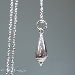 side view of florida cone snail necklace with hallmark stamp HKM and 925 in polished silver finish by hkm jewelry