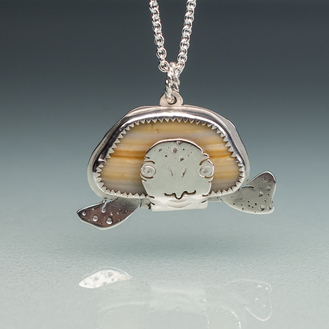 Curious Sea Turtle Necklace in sterling silver and clam shell by hali maclaren of hkm jewelry