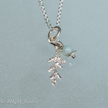 Load image into Gallery viewer, close up of cast silver cypress bough and amazonite necklace by hkm jewelry in polished finish
