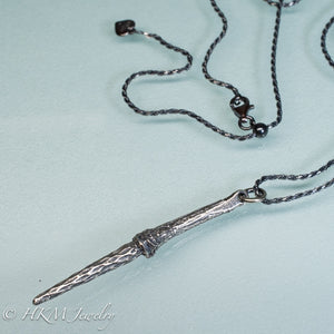 tulip tree flower fairy sword necklace in cast sterling silver and adjustable rope chain by hkm jewelry in oxidized finish