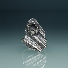 Load image into Gallery viewer, oxidized silver shell textured ring with barnacle on hand model with teal gradient background
