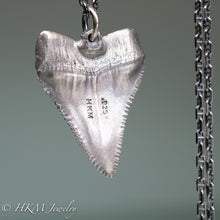 Load image into Gallery viewer, cast oxidized silver great white shark tooth by hkm jewelry on sterling silver anchor chain
