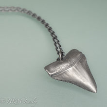 Load image into Gallery viewer, cast oxidized silver great white shark tooth by hkm jewelry on sterling silver anchor chain
