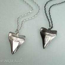 Load image into Gallery viewer, cast silver great white shark tooth necklaces in polished and oxidized finishes by hkm jewelry
