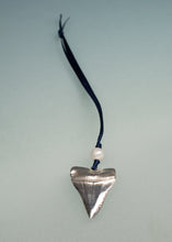 Load image into Gallery viewer, Silver shark tooth pendant with a pearl on a blue cord against a light gray background
