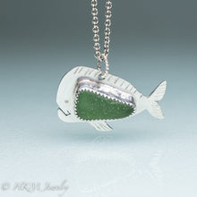 Load image into Gallery viewer, mahi mahi dolphin fish necklace by hkm jewelry in recycled sterling silver and serrated bezel set green sea glass piece
