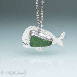 mahi mahi dolphin fish necklace by hkm jewelry in recycled sterling silver and serrated bezel set green sea glass piece