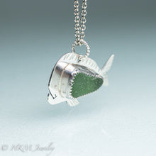 Load image into Gallery viewer, side view mahi mahi dolphin fish necklace by hkm jewelry in recycled sterling silver and serrated bezel set green sea glass piece
