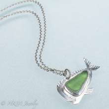 Load image into Gallery viewer, mahi mahi dolphin fish necklace by hkm jewelry in recycled sterling silver and serrated bezel set green sea glass piece and cable chain
