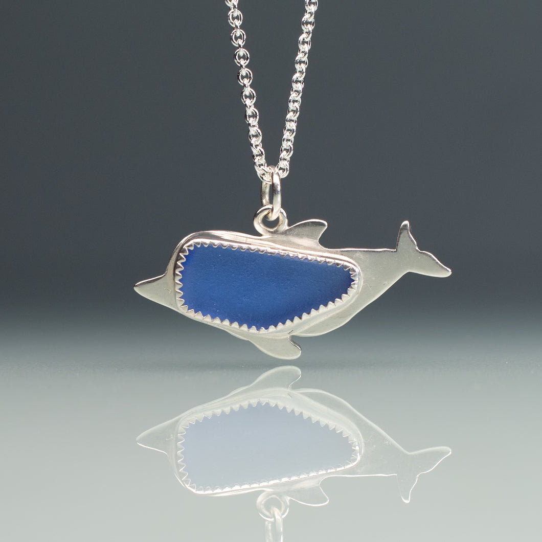 handmade sea glass necklace with cobalt blue dolphin by hkm jewelry