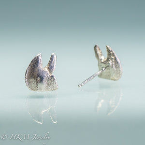 back view of Flat Clawed Hermit Crab stud earrings  in recycled silver by hkm jewelry