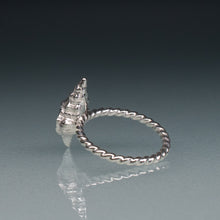 Load image into Gallery viewer, side of silver horse conch shell ring with twisted band on gradient blue background
