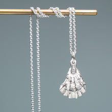 Load image into Gallery viewer, back view of Silver oyster pearl necklace kittens pawpendant necklace on a gray background hkm jewelry 
