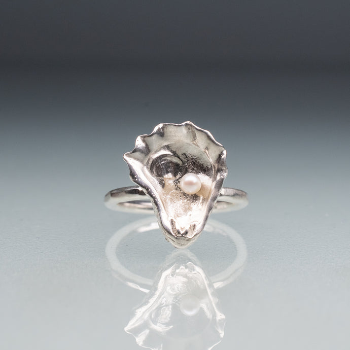 oyster with a pearl kitten's paw licatula gibbosa ring in sterling silver by hali maclaren of hkm jewelry