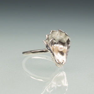 oyster with a pearl kitten's paw licatula gibbosa ring in sterling silver by hali maclaren of hkm jewelry