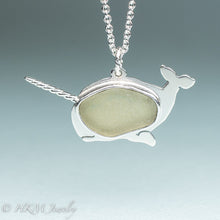 Load image into Gallery viewer, unicorn of the sea narwhal necklace by hkm jewelry in recycled sterling silver and bezel set light green sea glass piece

