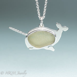 unicorn of the sea narwhal necklace by hkm jewelry in recycled sterling silver and bezel set light green sea glass piece