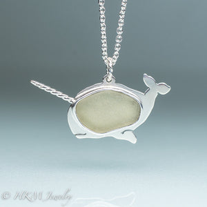 unicorn of the sea narwhal necklace by hkm jewelry in recycled sterling silver and bezel set light green sea glass piece