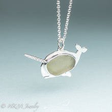 Load image into Gallery viewer, side view of unicorn of the sea narwhal necklace by hkm jewelry in recycled sterling silver and bezel set light green sea glass piece
