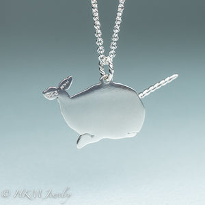 back side unicorn of the sea narwhal necklace by hkm jewelry in recycled sterling silver and cable chain stamped 925 and HKM hallmark