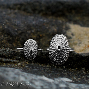 close up view of cast keyhole limpet shell rings by hkm jewelry in polished finish