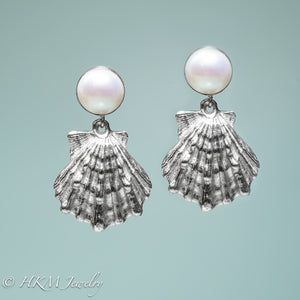 cast silver lion's paw shell two tiered earrings with freshwater pearls by hkm jewelry