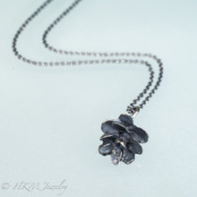Load image into Gallery viewer, bottom view of cast silver hemlock pine cone necklace by hkm jewelry in oxidized finish
